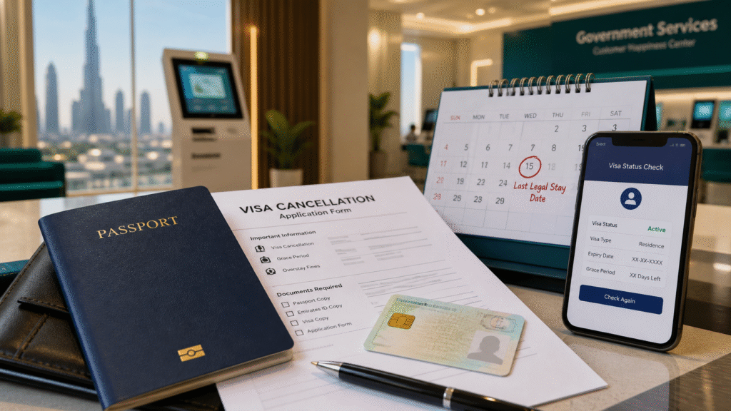 UAE visa cancellation grace period with generic passport Emirates ID deadline and visa status check
