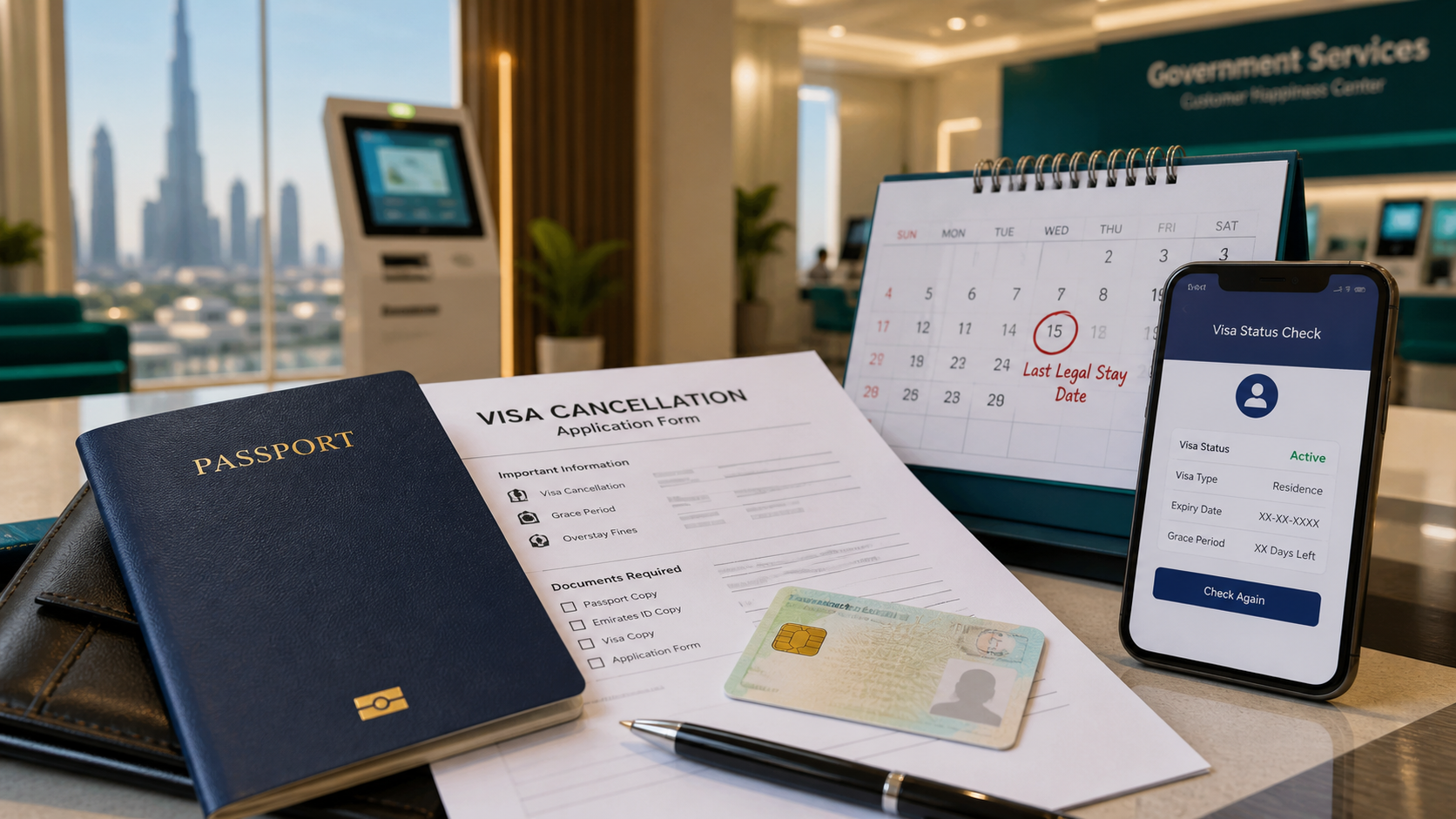 UAE visa cancellation grace period with generic passport Emirates ID deadline and visa status check